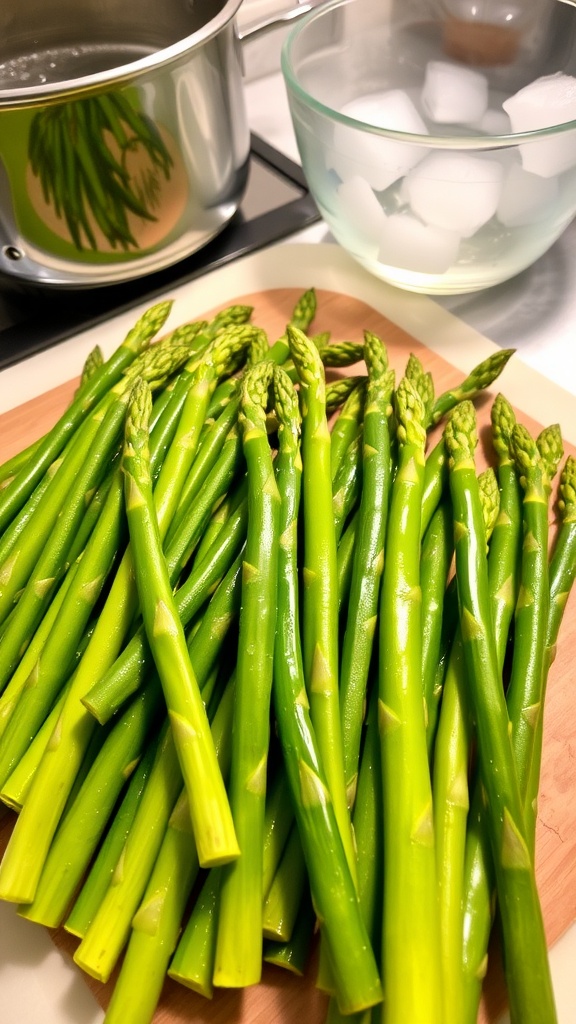 Fresh blanched asparagus spears on a cutting board, with boiling water and ice bath in the background.